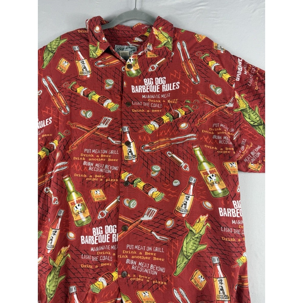 y2k Big Dog ss button up red hawaiian style bbq shirt, men's large